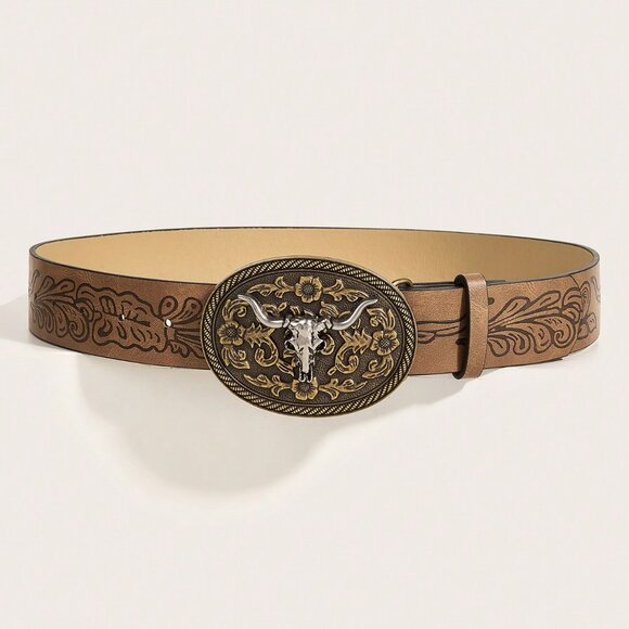 Brown Western Cowgirl Women's Buckle & Embossed Print Belt - Picture 2 of 5